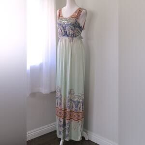 Vintage Y2K Live and Let Live Bohemian Print Studded Sleeveless Maxi Dress